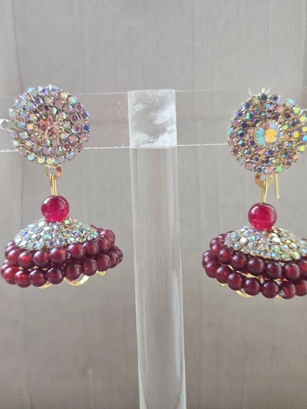 Indian Jhumka Earrings Burgundy Tone Beads Gold Tone Ethnic Fashion Ear Jewelry - Picture 3 of 13